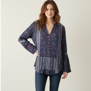 Lucky Brand Mixed Print Long Sleeve Peasant Top in Blue Boho Festival Size Large